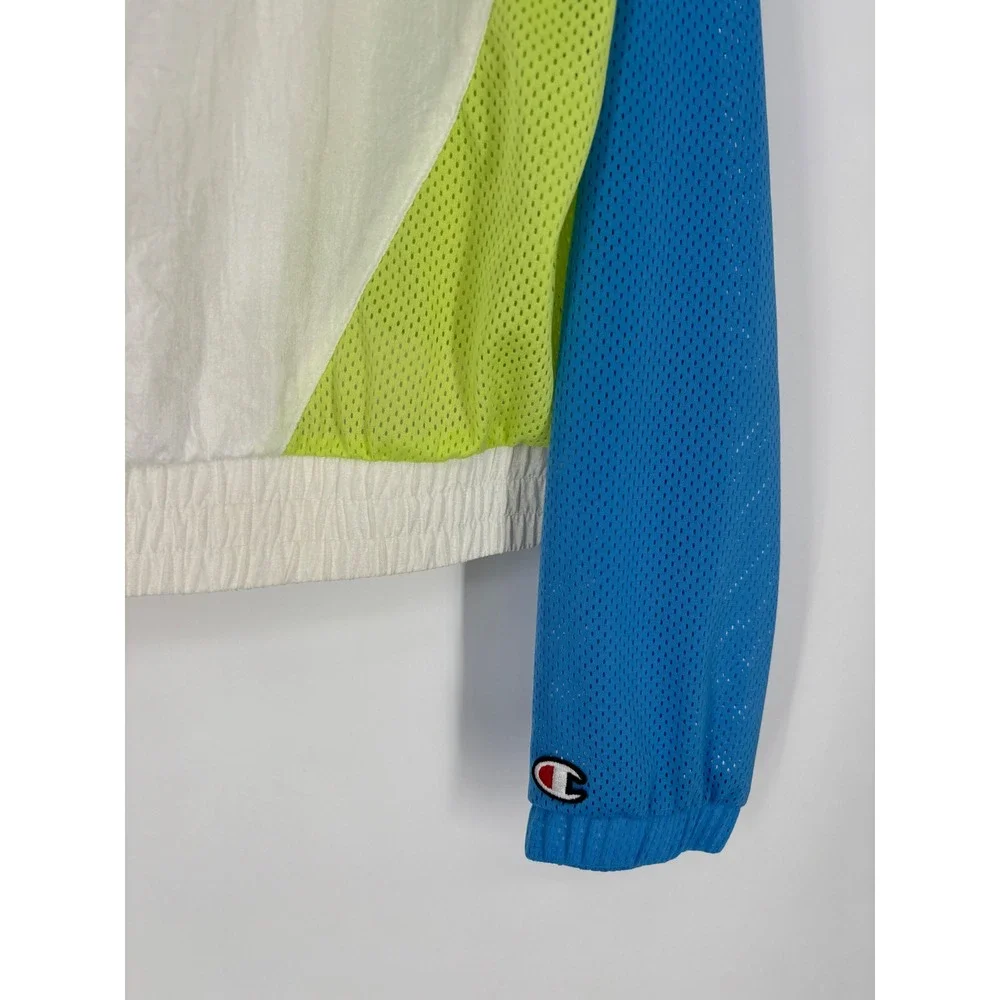 Champion‎ Windbreaker Jacket Womens L White Neon Colorblock Mesh Quarter Zip